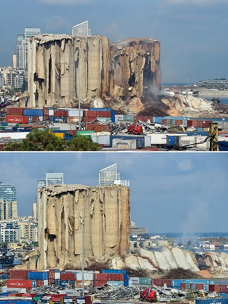 Imágenes del silo antes y después de la caída de su cara norte este martes.