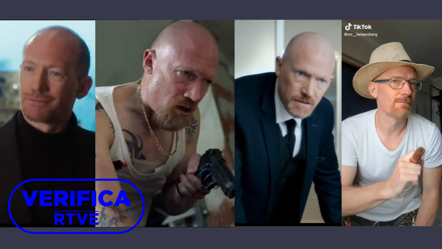 Imagen de Oleg Kricunova en 'The 355', 'No te puedes esconder', 'Rogue Trader' e imitando a 'Heisenberg' esconder¿, 'Rogue Trader¿ e imitando a 'Heisenberg¿, con el sello de VerificaRTVE en azul.