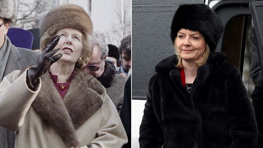 La entonces primera ministra británica, Margaret Thatcher (izquierda), y la secretaria de Asuntos Exteriores británica, Liz Truss (derecha)