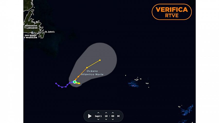 Mapa de monitoreo del ciclón Danielle. Fuente: Zoom Earth / NASA / GSFC / EOSDIS. Con el sello VerificaRTVE.
