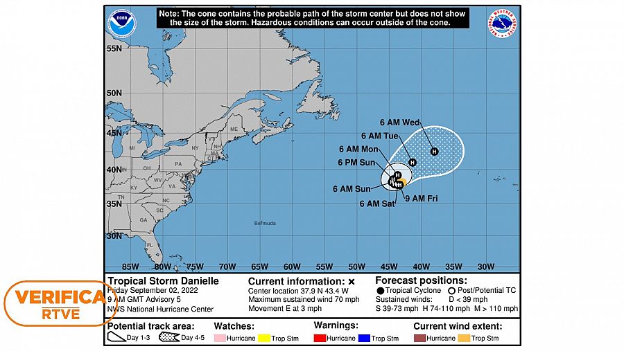 Mapa de monitoreo del ciclón Danielle. Fuente: Centro Nacional de Huracanes de Estados Unidos (CNHE). Con el sello VerificaRTVE.