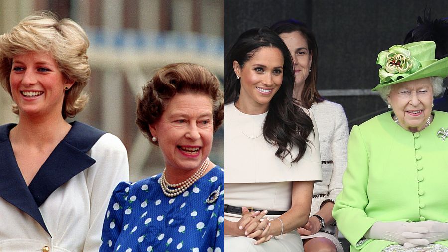 Meghan Markle y Diana de Gales junto a la reina Isabel II