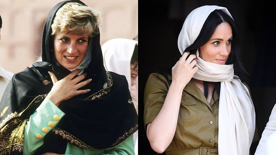 Lady Di en su visita a Badshai Mosque, Pakistán; Meghan Markle en Bo-Kaap, Sudáfrica