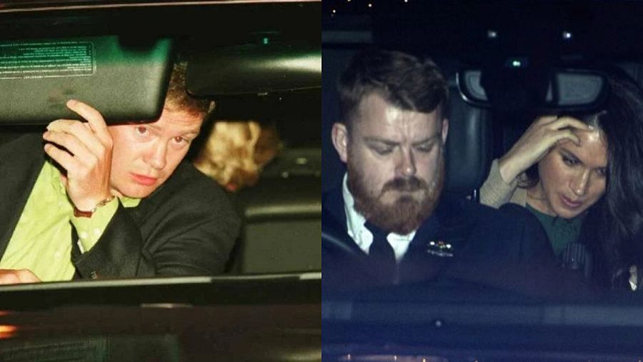 Diana de Gales escondiéndose de los paparazzi en día del accidente; Meghan Markle se tapa el rostro mientras los paparazzi le sacan fotos