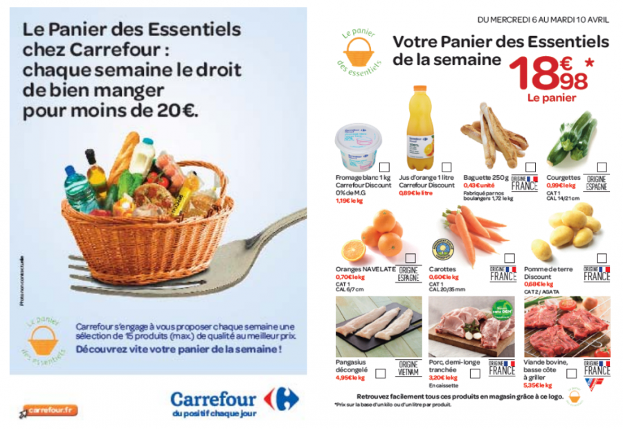 La revista Carrefour muestra la propuesta 'Le panier des essentiels'. Con el sello VerificaRTVE.
