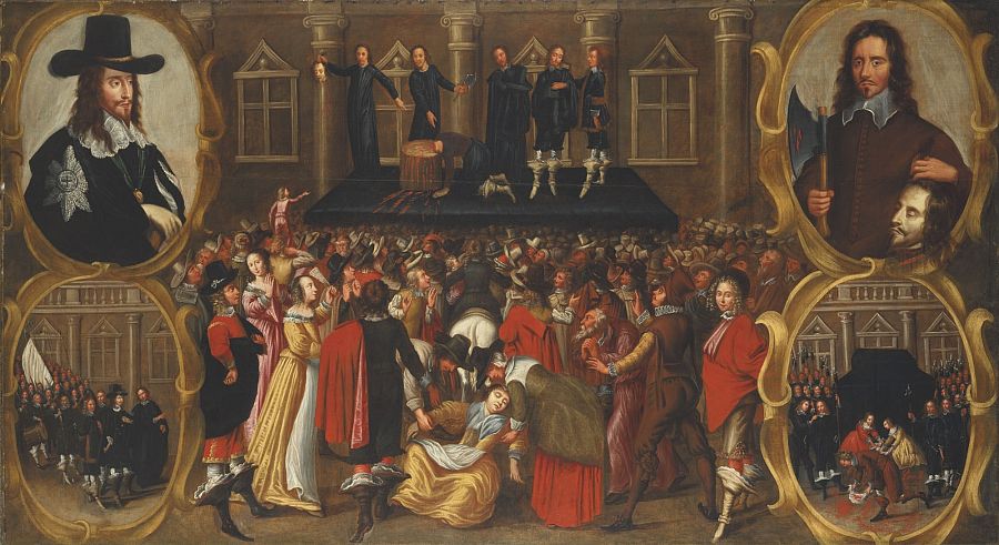 La imagen muestra el momento de la ejecución del rey Carlos, en el patíbulo de Londres