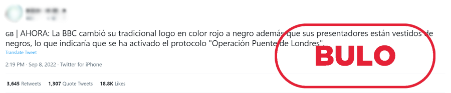 Bulo difundido en Twitter que anunció que la cuenta de la BBC cambió su logo de rojo a negro. Con el sello bulo.
