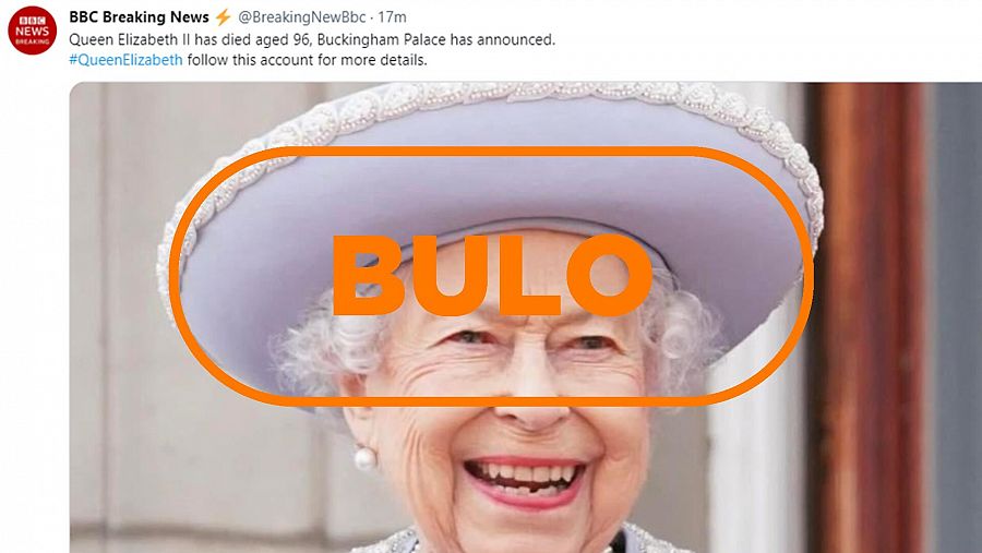 Bulo sobre el fallecimiento de la reina Isabel publicado por una cuenta falsa que suplanta a la BBC horas antes del comunicado oficial. Con el sello Bulo.