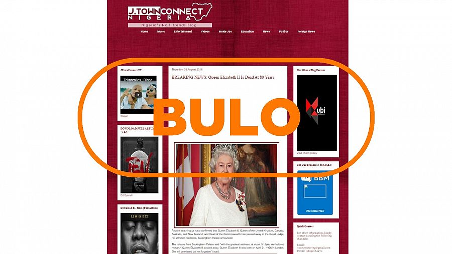 Captura de la publicación que difundió el bulo sobre el fallecimiento de la reina Isabel II en agosto de 2016. Con el sello bulo.