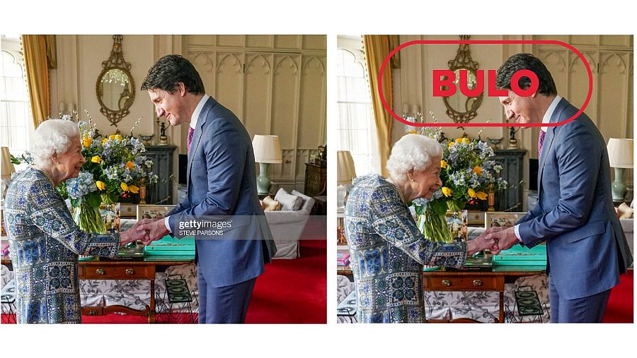 A la izquierda, la foto original de Isabel II saludando a Justin Trudeau. A la derecha, la foto manipulada. Con el sello bulo en la foto derecha.