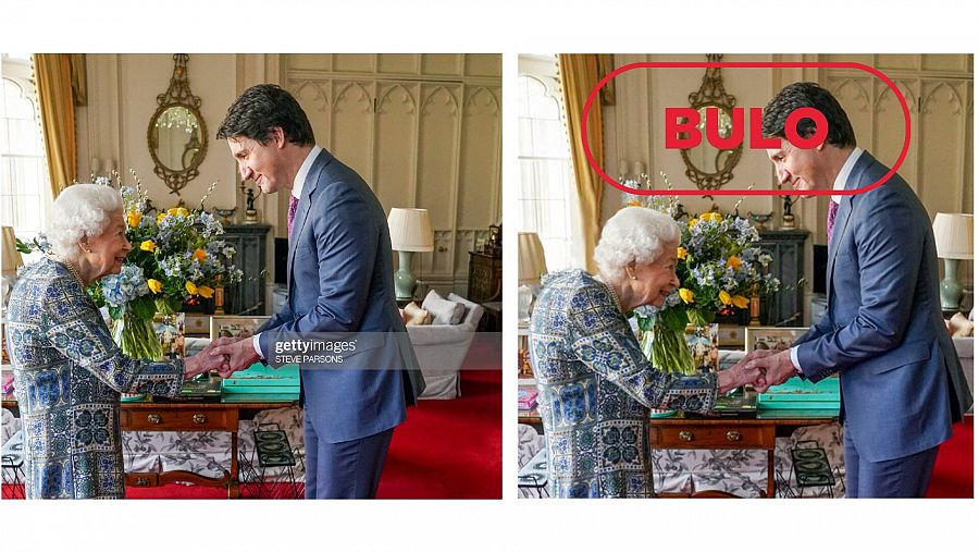 A la izquierda, la foto original de Isabel II saludando a Justin Trudeau. A la derecha, la foto manipulada. Con el sello bulo en la foto derecha.