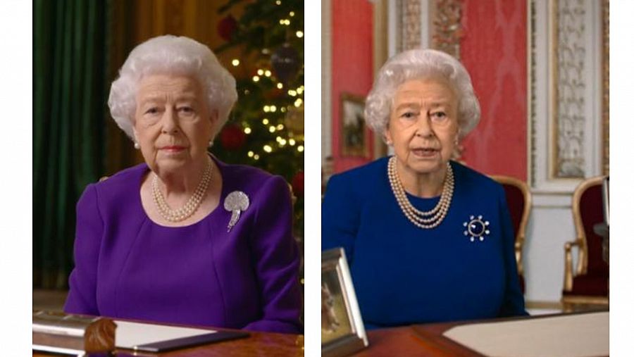 A la izquierda, captura de un vídeo original del discurso de Navidad de la reina. A la derecha, captura de un deepfake de Isabel II hecho por Channel 4 para lanzar un mensaje sobre la desinformación.
