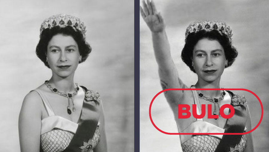 A la izquierda, la foto original de Isabel II en París durante una visita oficial en 1957 (The Royal Collections Trust). A la derecha, la fotografía manipulada en 2022.