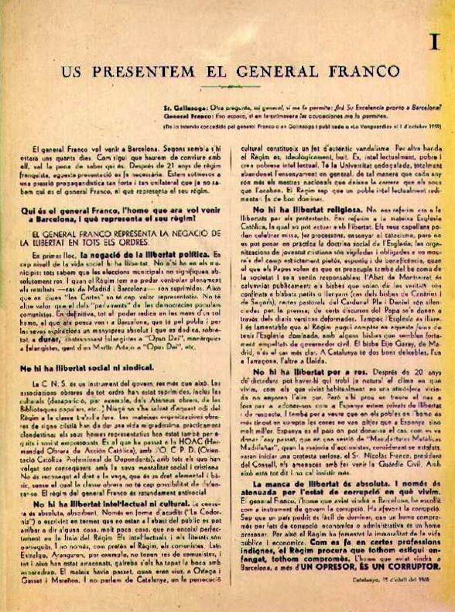 El pamflet redactat per Jordi Pujol, 'Us presemten el general Franco', que va dur l'autor i l'impressor a la presó, el 1960