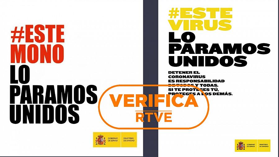A la izquierda el cartel desinformativo publicado en Telegram, a la derecha la campaña realizada en 2020 por el Ministerio de Sanidad, con el sello 'VerificaRTVE' en naranja