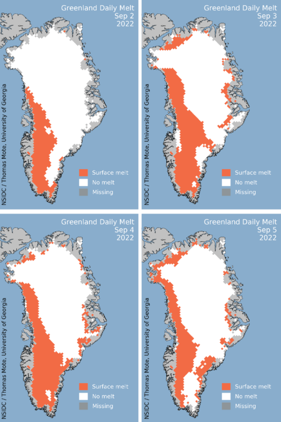 Abast de la fusió dels dies 2, 3, 4 i 5 de setembre a Groenlàndia a partir d'observacions per satèl·lit