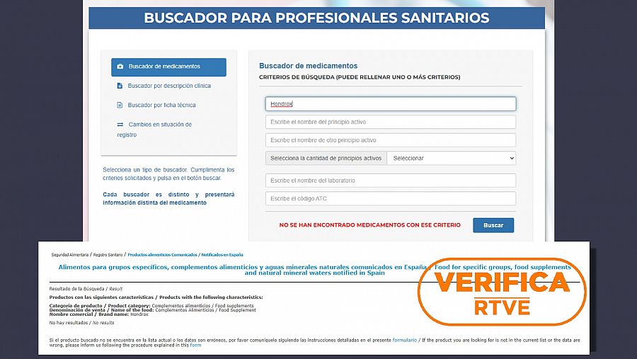 Arriba, ningún resultado de Hontrox en el Buscador de Medicamentos de la Agencia Española de Medicamentos y Productos Sanitarios. Abajo, tampoco hay resultados en el buscador de la Agencia Española de Seguridad Alimentaria. Con sello VerificaRTVE.