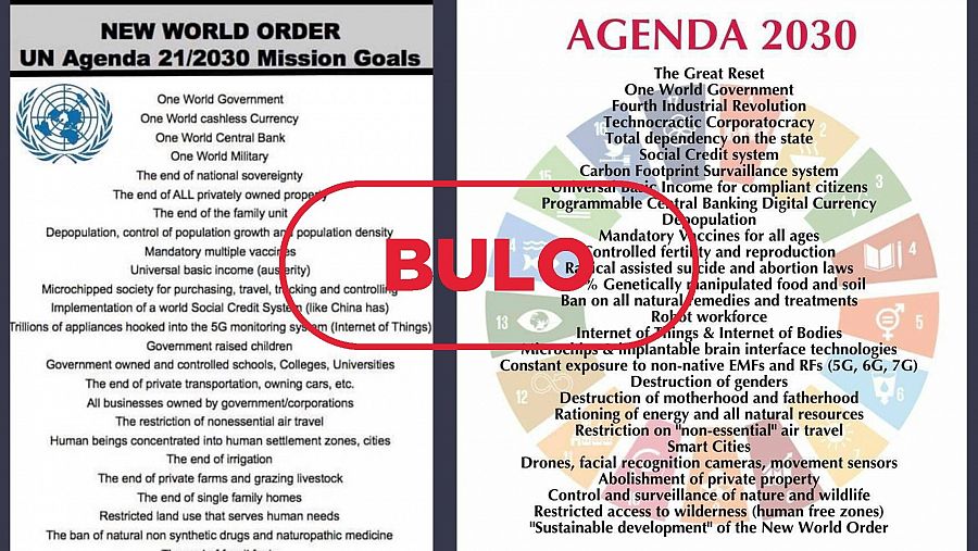 Dos capturas de los bulos sobre los objetivos de la ONU y la Agenda 2030. con el sello bulo.