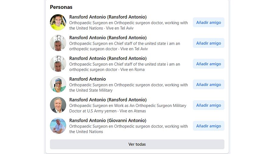 Búsqueda en Facebook que muestra seis perfiles falsos bajo el nombre Ransford Antonio que dicen trabajar para la ONU.