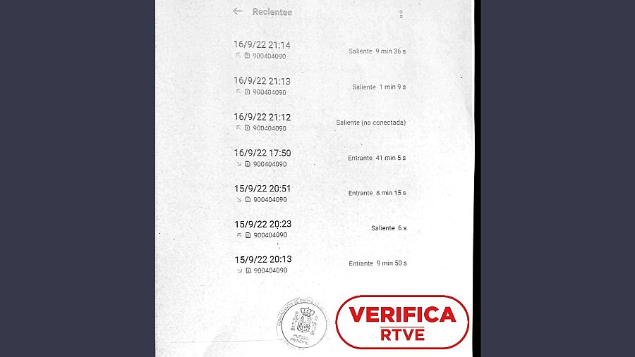 Documento de la denuncia ante la GC donde se recoge el registro telefónico con las llamadas fraudulentas. Con el sello VerificaRTVE.