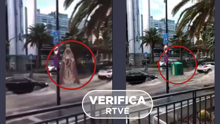 A la izquierda el montaje difundido en Twitter con la figura de la virgen en 2022, a la derecha el vídeo original del contenedor grabado en 2018, con el sello 'VerificaRTVE' en blanco