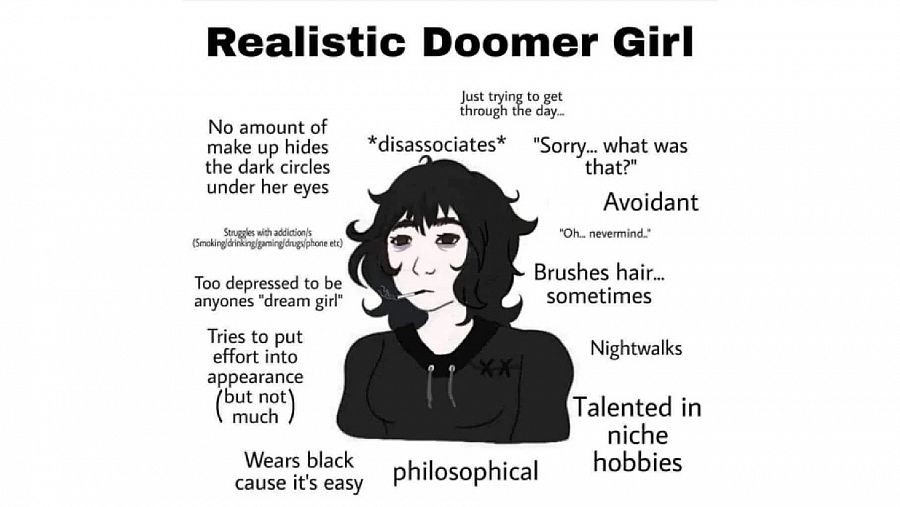 Realistic Doomer Girl Just trying to get through the day No amount of  make up hides *disassociates* Sorry what was the dark circles that?  under her eyes Avoidant Oh nevermind. Struggles with