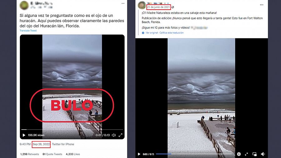 A la derecha, la imagen que se está difundiendo en redes y que se asocia al huracán Ian, y a la izquierda la imagen original del fenómeno de 2021. Con el sello bulo en la imagen izquierda.