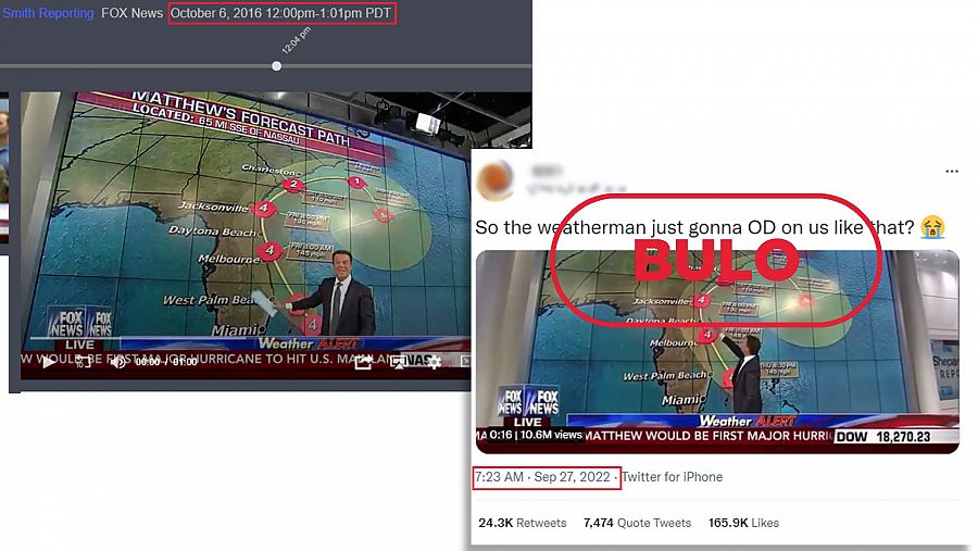 A la izquierda, el vídeo original publicado por la cadena FOX News en 2016. A la derecha, el vídeo publicado en Twitter que reproduce el bulo de que esa predicción del tiempo pertenezca al actual huracán Ian. Con el sello bulo en la derecha.