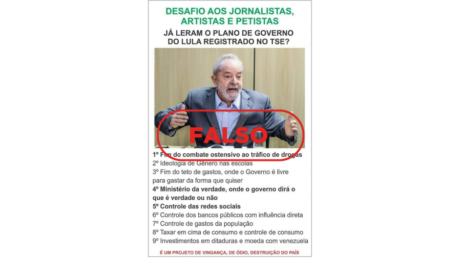 Imagen con falsas propuestas del programa electoral de Lula da Silva, con el sello falso en rojo de VerificaRTVE