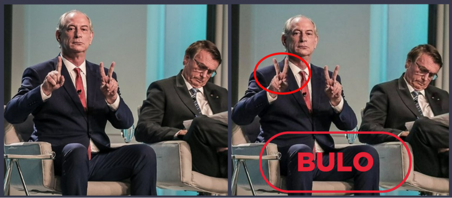 Imagen con la foto real del candidato Ciro Gomes a la izquierda y la manipulada a la derecha con el sello bulo en rojo de VerificaRTVE