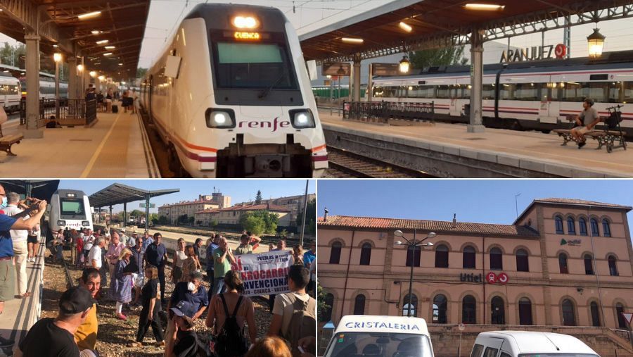 El último tren Cuenca-Aranjuez, a su llegada a la estación / Manifestación contra el cierre de la línea ferroviaria / Estación de Utiel