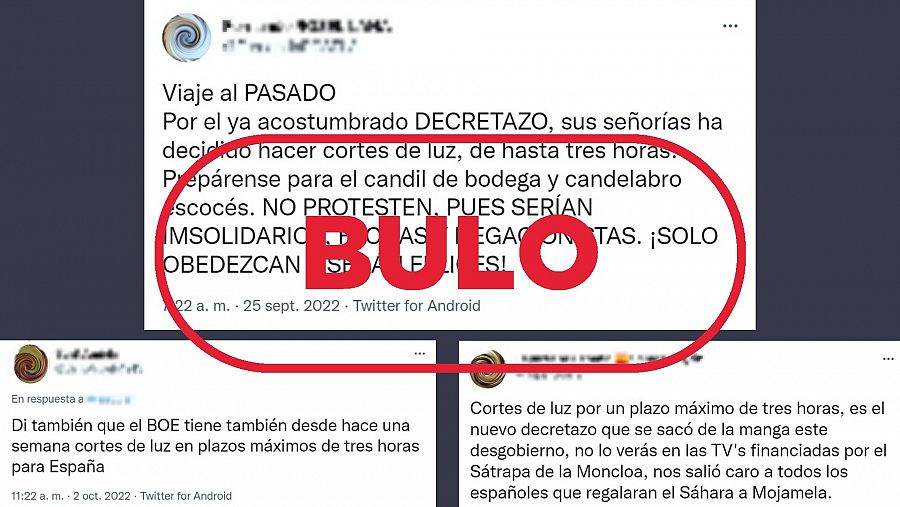 Mensajes que difunden el bulo de que el Gobierno ha aprobado un decreto para poder cortar la luz durante tres horas. Con el sello bulo.