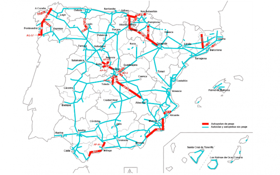 Mapa de España que muestra en rojo los tramos de autopistas donde es obligatorio el pago de peaje en 2022