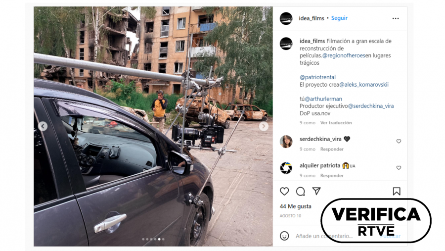 Publicación de Instagram de la productora IdeaFilms que muestra varias imágenes realizadas durante el rodaje de la película ¿Región de Héroes¿, con el sello 'VerificaRTVE' en negro