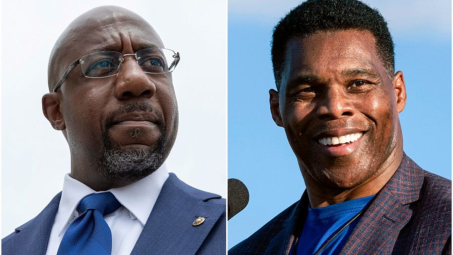 Candidatos al Senado por el Estado de Georgia: a la izquierda, el senador Raphael Warnock (demócrata) y a la dcha. el candidato republicano, Herschel Walker. Foto: Ap Photo