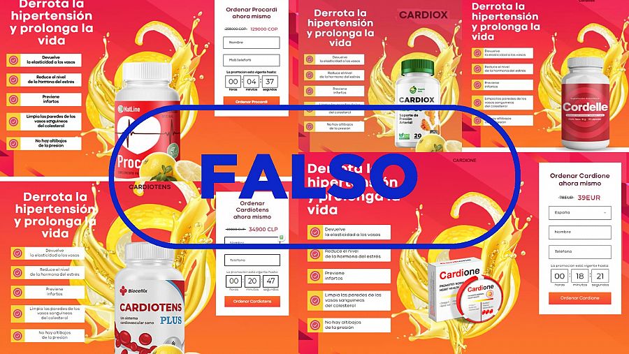 Cardione y otros falsos medicamentos que replican la misma página web para vender el producto. Con el sello falso.