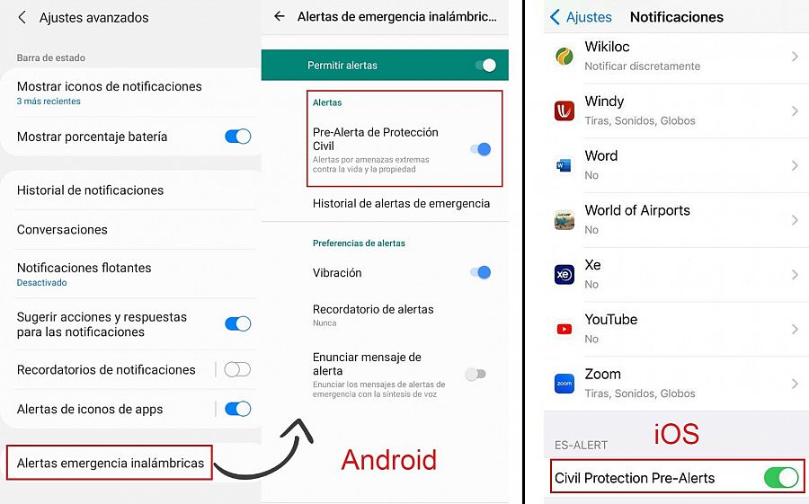 A la izquierda, capturas de los ajustes de notificaciones de un móvil con sistema Android. A la derecha, capturas de los ajustes en iOS