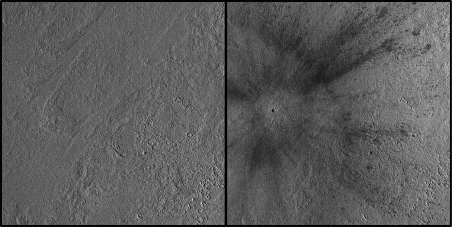 Dos imágenes del lugar en Marte antes y después de que un meteoroito golpeara la superficie del planeta.