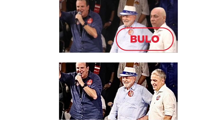 Abajo, imagen real de Lula da Silva junto a Eduardo Paes (izquierda) y André Ceciliano (a la derecha). Arriba, la imagen falsa manipulada. Con el sello bulo en la imagen superior.