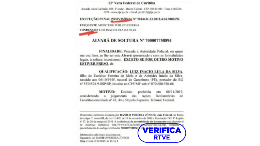 Documento del permiso de liberación de Lula da Silva antiguo utilizado para difundir el bulo de que está en libertad condicional. Con el sello VerificaRTVE.