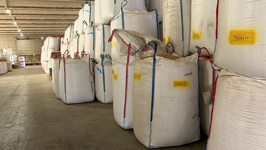 Sacos de arroz tras la recogida en almacén de Cullera