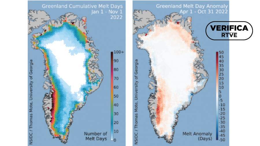 A la izquierda los días de deshielo acumulados en la capa de hielo de Groenlandia para la temporada de deshielo de 2022. A la derecha la diferencia entre los días promedio de derretimiento de 1981 a 2010 para el mismo período. Fuente: NSIDC