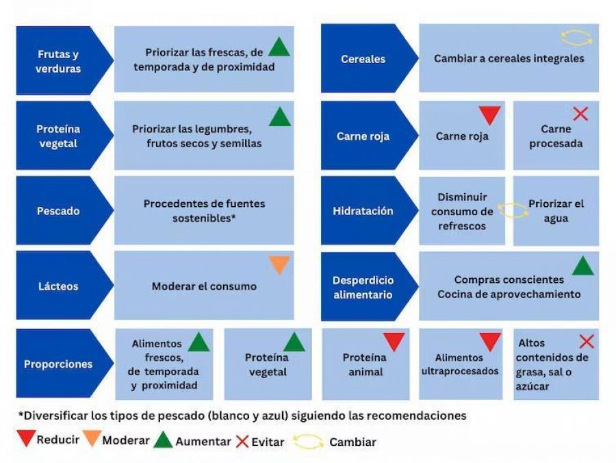 Recomendaciones para una alimentación saludable y sostenible. (Adaptado de The Association of UK Dietitians One Blue Dot, 2020 y Agencia de Salud Pública de Catalunya, 2019).