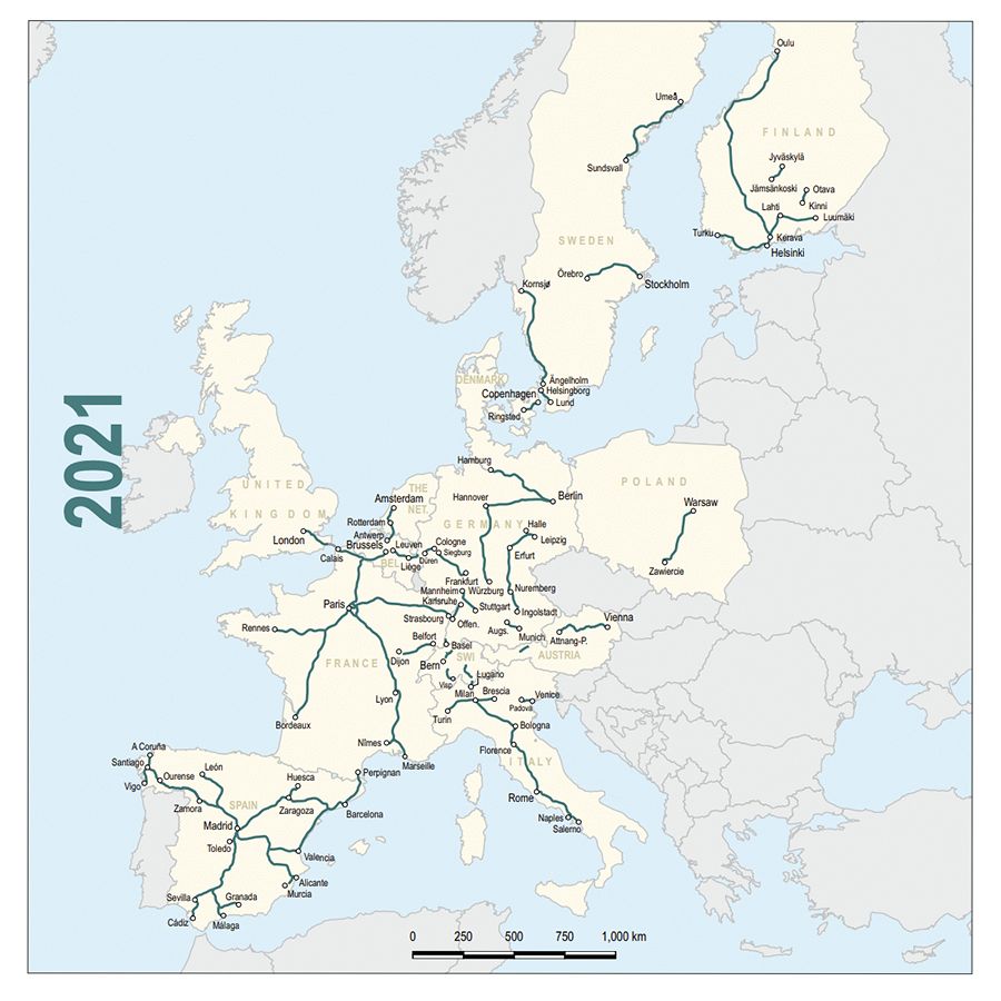 La red ferroviaria europea en 2021