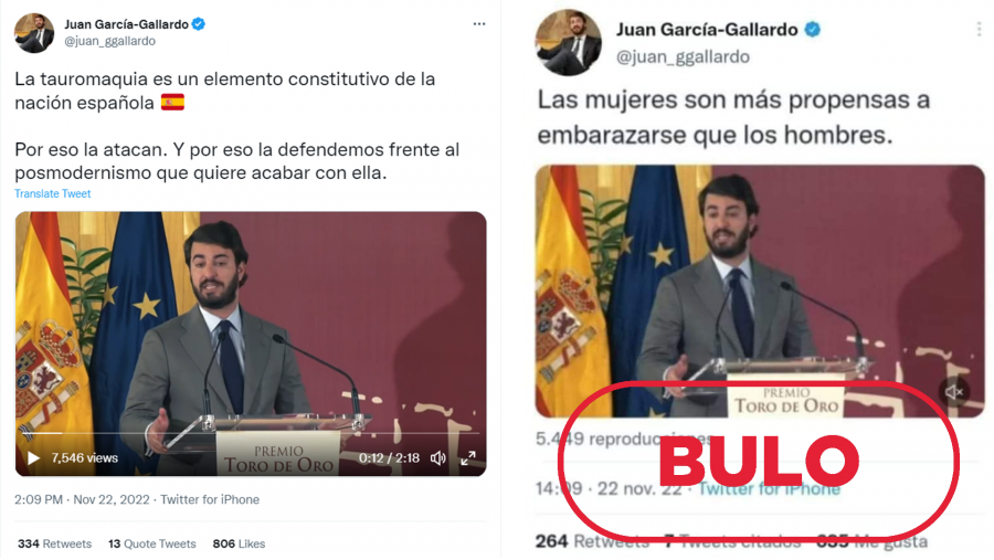 A la izquierda, tuit real publicado por Juan García-Gallardo. A la derecha, captura manipulada que difunde el bulo, con el sello 'bulo' en rojo