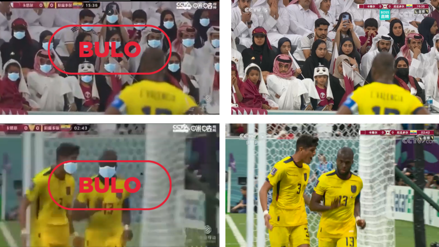 A la izquierda, dos fragmentos manipulados del vídeo que se difunde en Internet con el sello bulo. A la derecha, los clips del partido entre Ecuador y Catar retransmitidos en el canal de deportes de la televisión pública china