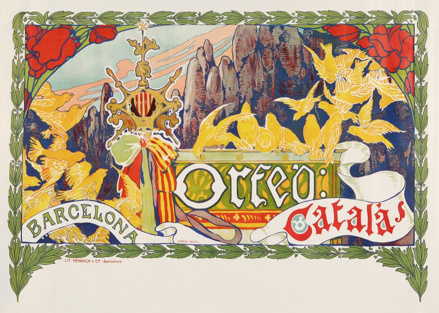 Primer cartell de l'Orfeó Català, dissenyat per Adrià Gual, amb l'escut de Catalunya dalt l'estendard i la muntanya de Montserrat al fons, del 1904