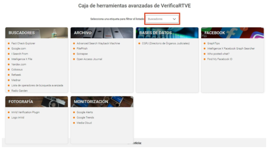 Buscador de la Caja de herramientas avanzada de VerificaRTVE