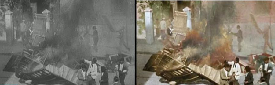 El color del fuego y la facilidad de reconocer los lugares impacta en imágenes como la quema del púlpito de esta iglesia en Madrid