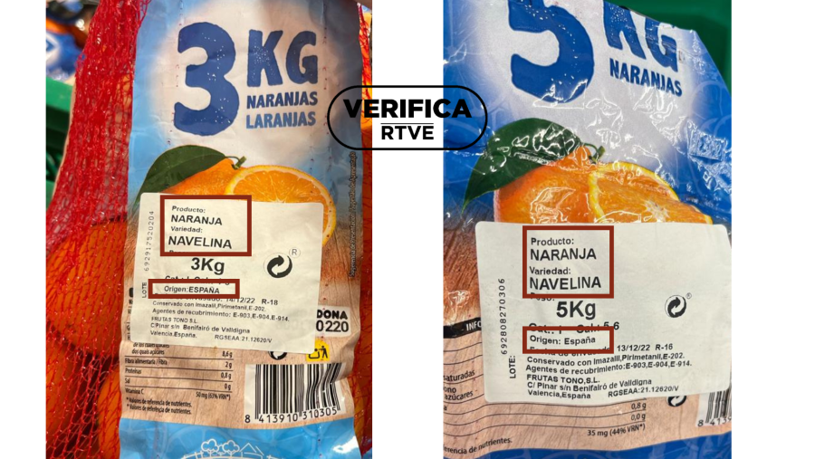 Dos fotografías que muestran el etiquetado que utiliza Mercadona en las naranjas que vende en sus establecimientos, con el sello 'VerificaRTVE' en negro